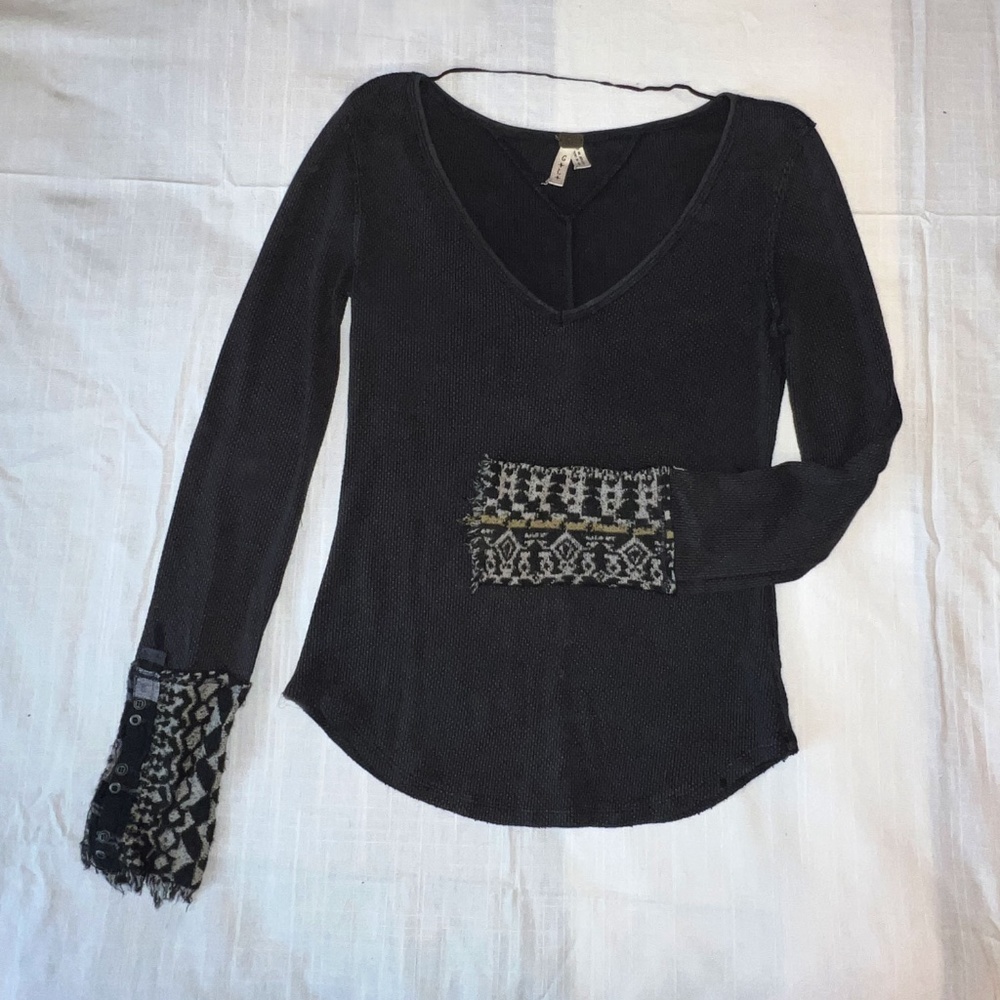 Free People Henley Long Sleeve Black Cotton Waffle